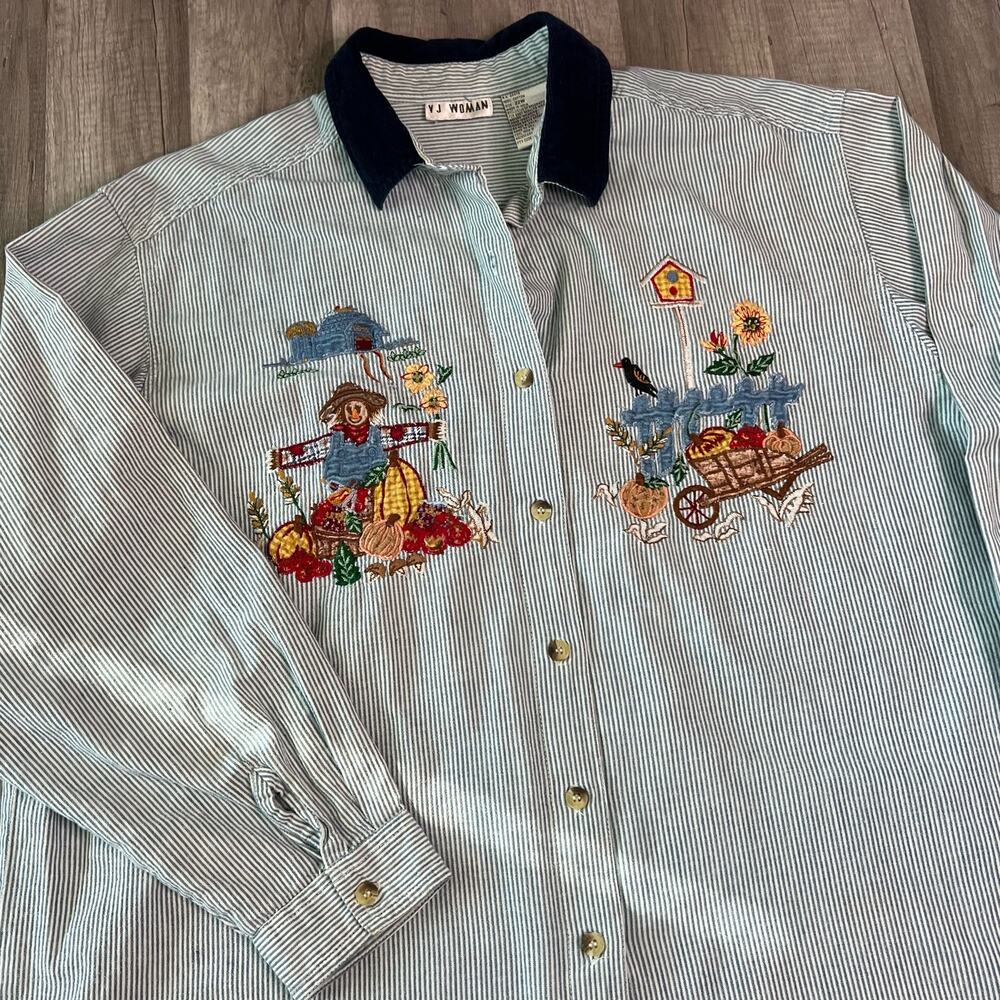 Vintage 90s Pinstripe Button Shirt Corduroy Collar Scarecrow Fall 22W Plus Size